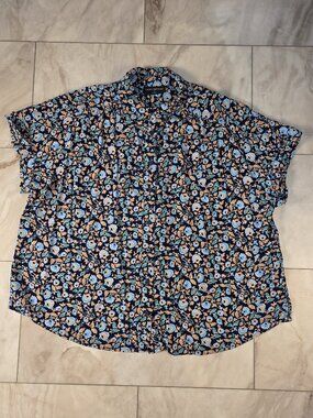 Lane Bryant 18 Floral Button Up Top Navy Blue Roll Tab Sleeve